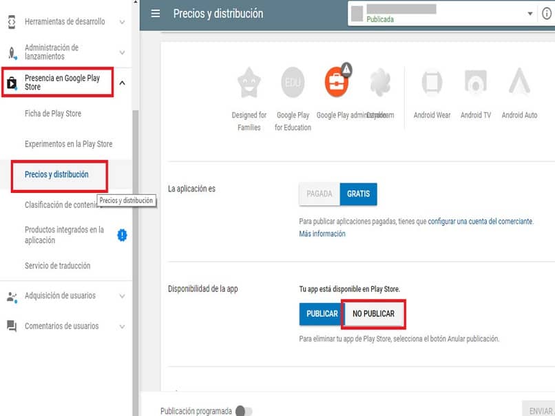 Barra de herramientas de la consola de Google Play